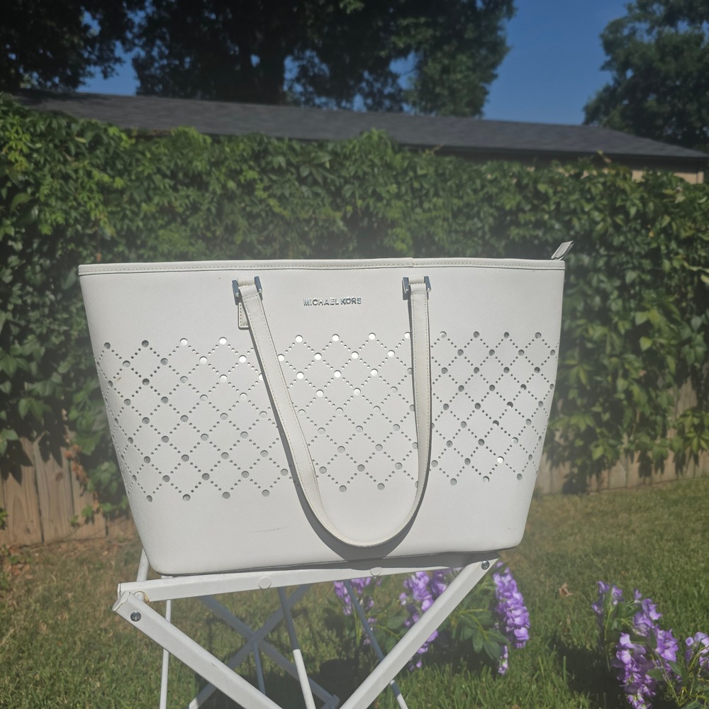 Michael Kors Jet Set Travel White Perforated Saffiano Leather Tote Bag Large
